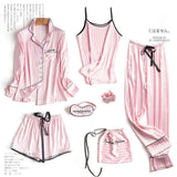 JULY&#39;S SONG Pink 7 Pieces Women&#39;s Pajamas Sets Faux Silk Striped Pyjama Women&#39;s Pajamas Sleepwear Sets Spring Summer Homewear