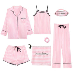 JULY&#39;S SONG Pink 7 Pieces Women&#39;s Pajamas Sets Faux Silk Striped Pyjama Women&#39;s Pajamas Sleepwear Sets Spring Summer Homewear