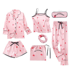 JULY&#39;S SONG Pink 7 Pieces Women&#39;s Pajamas Sets Faux Silk Striped Pyjama Women&#39;s Pajamas Sleepwear Sets Spring Summer Homewear
