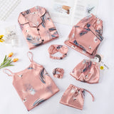 JULY&#39;S SONG Pink 7 Pieces Women&#39;s Pajamas Sets Faux Silk Striped Pyjama Women&#39;s Pajamas Sleepwear Sets Spring Summer Homewear