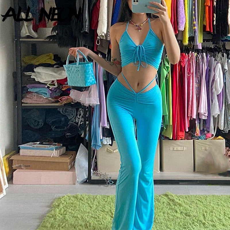 ALLNeon Y2K Streetwear Sexy Bandage Blue Co-ord Suits 2000s Fashion Drawstring Halter Top and High Waist Flare Pants 2 Piece Set