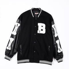 Harajuku Bomber Jackets Women Furry Bone Patten Single-breasted Loose Baseball Jacket Hiphop Streetwear Unisex Splice Coat