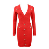 Women&#39;s Long Sleeve Sexy Deep V-neck Gold Buttons Bandage Elegant Vestidos Evening Party Fall Winter Dress 8392