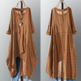 Asymmetrical Midi Dress Womens Check Dress Female Long Sleeve Plaid Vestidos Summer Sundress Casual Shirt Robe