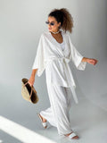 Solid Color Women&#39;s Pajamas Robe Sets Drop Sleeve Sexy Woman Nightie Loose Flare Bathrobe Female Roomware Peignoirs For Women