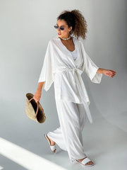 Solid Color Women&#39;s Pajamas Robe Sets Drop Sleeve Sexy Woman Nightie Loose Flare Bathrobe Female Roomware Peignoirs For Women