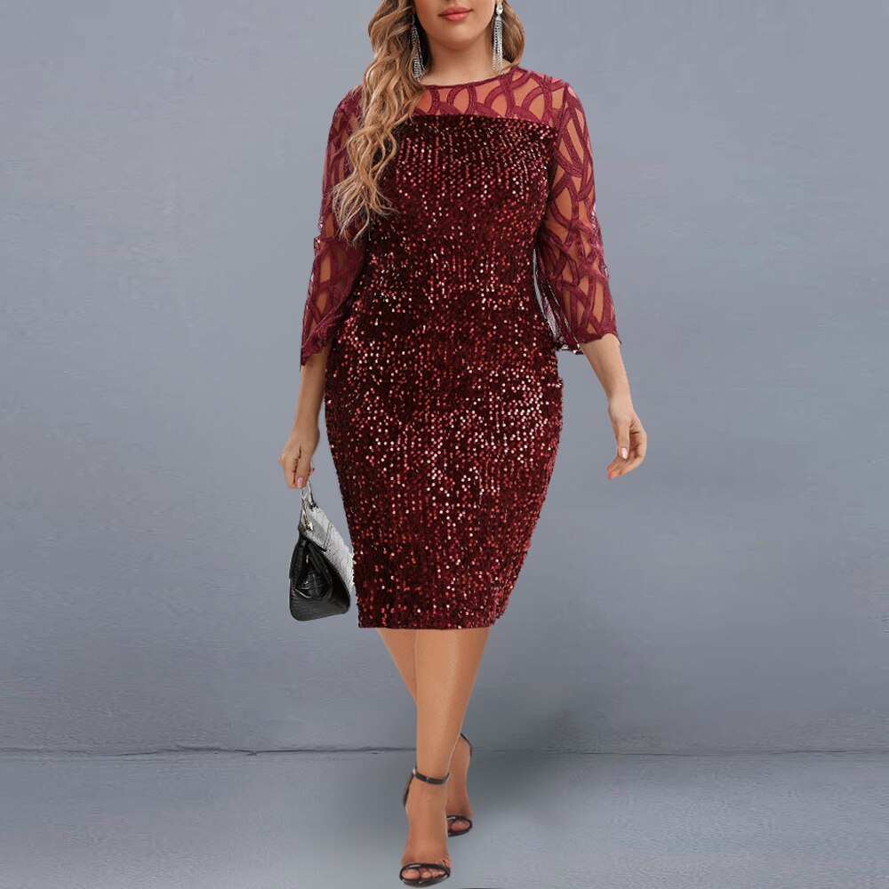 Women&#39;s Dress Elegant Sequin Evening Party Dresses Spring Mesh Patchwork Casual Midi Dress Wine Red Wedding Club Outfits