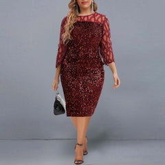 Women&#39;s Dress Elegant Sequin Evening Party Dresses Spring Mesh Patchwork Casual Midi Dress Wine Red Wedding Club Outfits