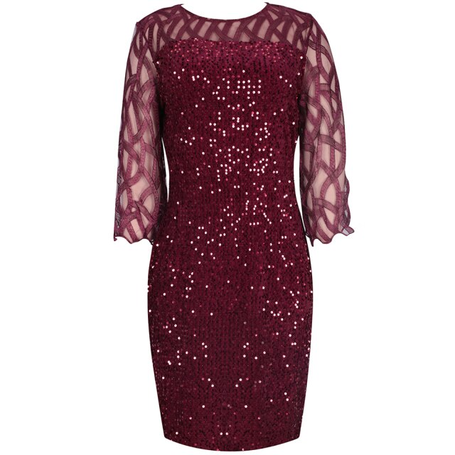 Women&#39;s Dress Elegant Sequin Evening Party Dresses Spring Mesh Patchwork Casual Midi Dress Wine Red Wedding Club Outfits