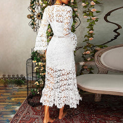 Women's Party Dress Lace Dress Homecoming Dress Long Dress Maxi Dress White Yellow Pink Long Sleeve Pure Color Lace Summer Spring Fall Deep V Fashion Winter Dress Birthday Wedding Guest S M L XL