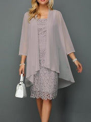 Women's Lace Dress Dress Set Two Piece Dress Midi Dress Light Grey 3/4 Length Sleeve Pure Color Lace Summer Spring Fall Square Neck Elegant Wedding Guest Vacation S M L XL XXL 3XL 4XL 5XL 6XL