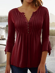Women's Shirt Blouse Tunic Black White Wine Plain Button Flowing tunic 3/4 Length Sleeve Casual Basic V Neck Long S