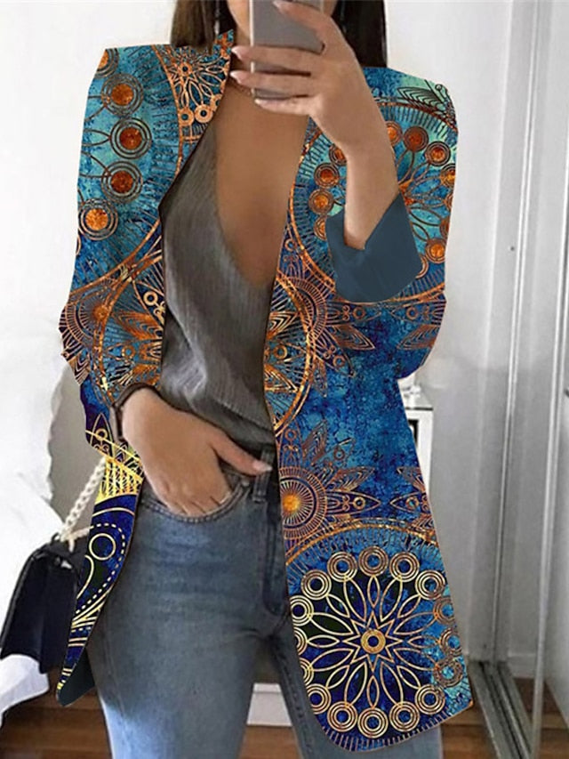 Women's Blazer Breathable Comfortable Office Work Office / Career Vacation Print Open Front Turndown OL Style Elegant Modern Office / career Floral Regular Fit Outerwear Long Sleeve Winter Fall Blue