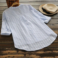 Women's Blouse Cotton Button Front Stripes Light Summer Light Blue Black khaki Light Grey