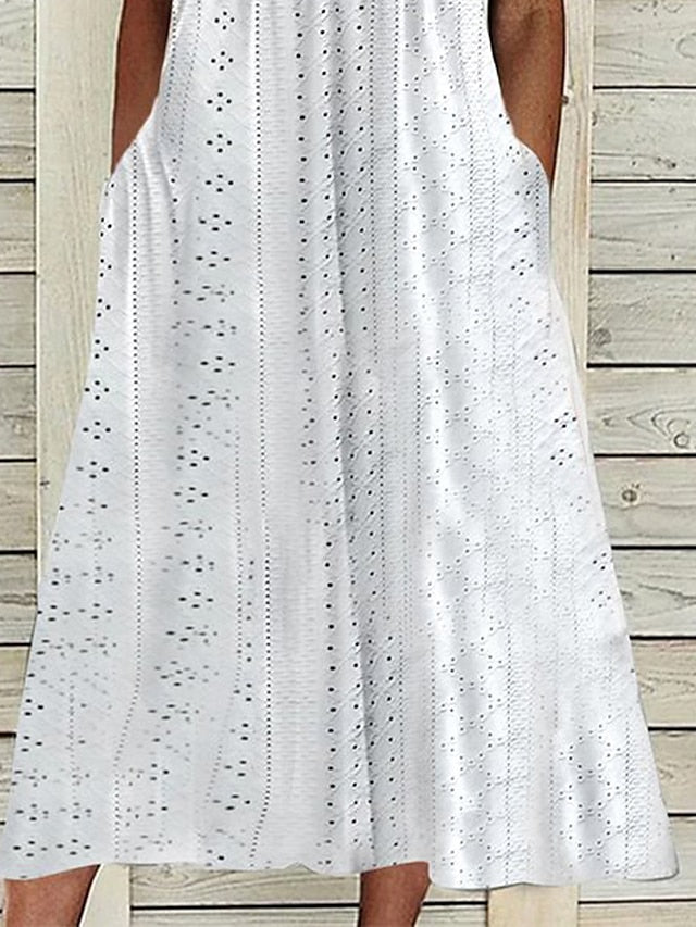 Women's Casual Dress Summer Dress Pleated Dress Plain Lace Ruched V Neck Midi Dress Fashion Elegant Outdoor Daily Short Sleeve Loose Fit White Pink Blue Summer Spring S M L XL XXL