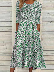 Women's Casual Dress Floral Dress Summer Dress Floral Ruched Pocket Crew Neck Midi Dress Fashion Modern Outdoor Daily Half Sleeve Regular Fit White Blue Green Summer Spring S M L XL XXL