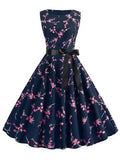 Women's Retro 1950s Vintage Dress Midi Dress Daily Holiday Ruched Bow Floral Crewneck Sleeveless Regular Fit Summer Spring Deep Purple Black S M L XL