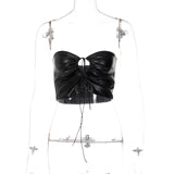 Goth Girl Sexy Y2K Year 2000 Vest Crop Top Bralette Women's PU Leather Drawstring Japanese Cosplay Costumes Black