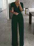 Women's Jumpsuit Solid Color V Neck Elegant Office Daily Straight Regular Fit Half Sleeve Bell Sleeve Black White Red S M L Summer