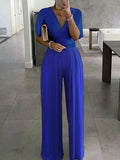 Jumpsuits for Women Summer Dressy Solid Color V Neck Elegant Office Daily Straight Regular Fit Half Sleeve Bell Sleeve Black White Red S M L