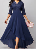 Women‘s Formal Party Dress Maxi long Dress Navy Blue 3/4 Length Sleeve Print Pure Color Ruched Lace Fall Winter V Neck Elegant Fashion Modern 3XL
