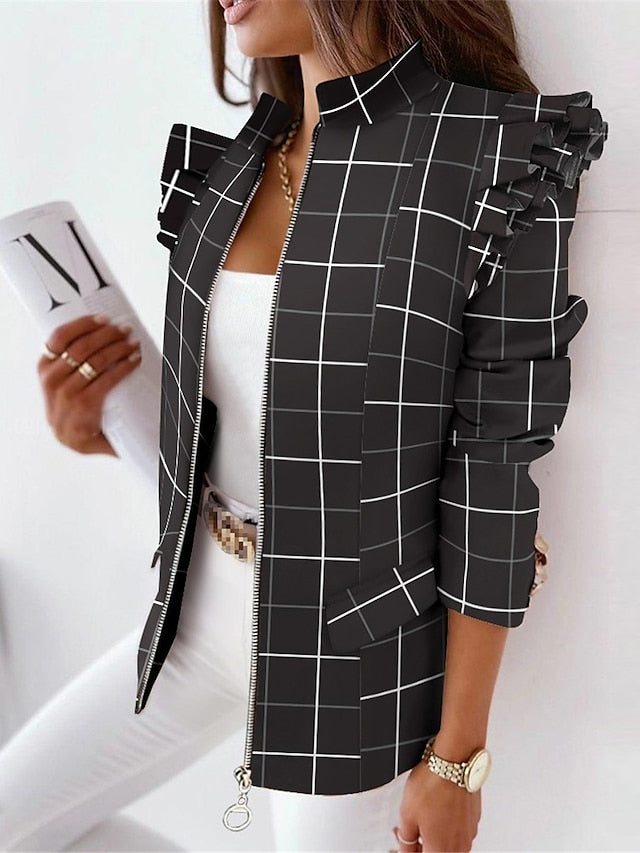 Women's Blazer Anniversary Zipper Plaid Breathable Fashion Regular Fit Outerwear Long Sleeve Summer Black And White S