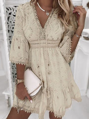 Women‘s Party Dress Casual Dress Lace Dress Mini Dress White Beige 3/4 Length Sleeve Embroidery Ruched Summer Spring Fall V Neck Fashion Wedding Summer Dress Office S M L XL 2XL 3XL