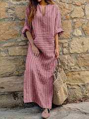 Women's Cotton Linen Dress Casual Dress Tartan Dress Maxi long Dress Cotton And Linen Casual Outdoor Daily Holiday Split Neck Rolled Cuff Print Long Sleeve Summer Spring Fall Loose Fit Red Green