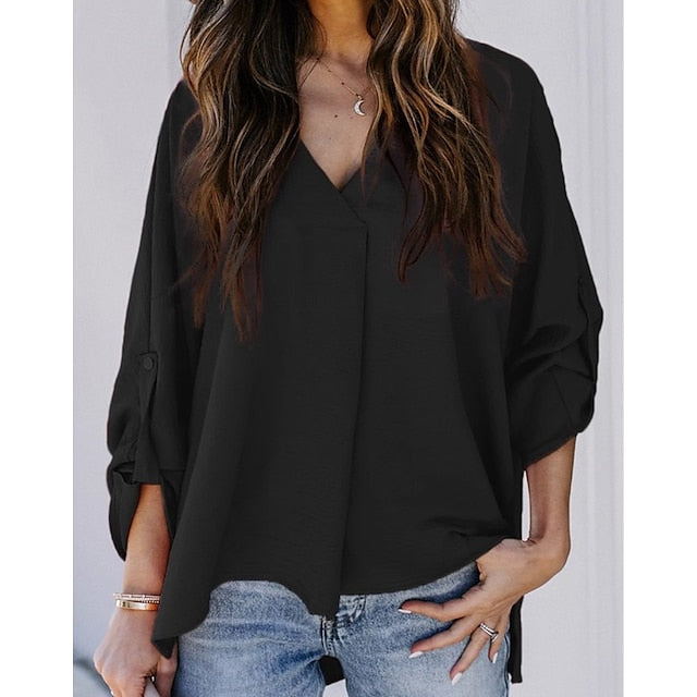 Women's Shirt Black Pink Wine Plain Asymmetric Long Sleeve Going out Elegant V Neck S