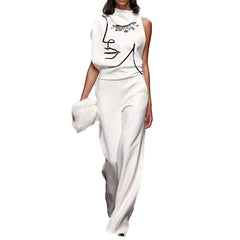 Women's Jumpsuit Print Crew Neck Elegant Daily Vacation Straight Regular Fit Sleeveless White S M L Spring