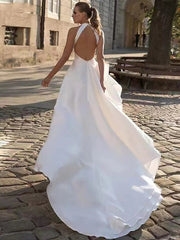 Reception Open Back Casual Wedding Dresses A-Line Halter Sleeveless Court Train Satin Bridal Gowns With Solid Color Summer Wedding Party, Women's Clothing