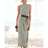 Women‘s Sheath Dress Midi Dress Khaki Sleeveless Color Block Leopard Ruched Print Spring Summer Crew Neck Stylish Elegant XXL