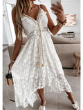 Women's Swing Dress Maxi long Dress White Beige Sleeveless Print Embroidered Lace Spring Summer V Neck Casual Boho S M L XL XXL