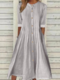 Women's Cotton Linen Dress Swing Dress Midi Dress Cotton And Linen Fashion Modern Daily Vacation Crew Neck Pleated Button Half Sleeve Summer Spring Regular Fit White Pink Blue Pure Color S M L