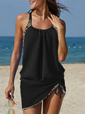 Women's Swimwear Swimdresses Normal Swimsuit Ruched Leopard Black High Neck Bathing Suits Sports Beach Wear Summer